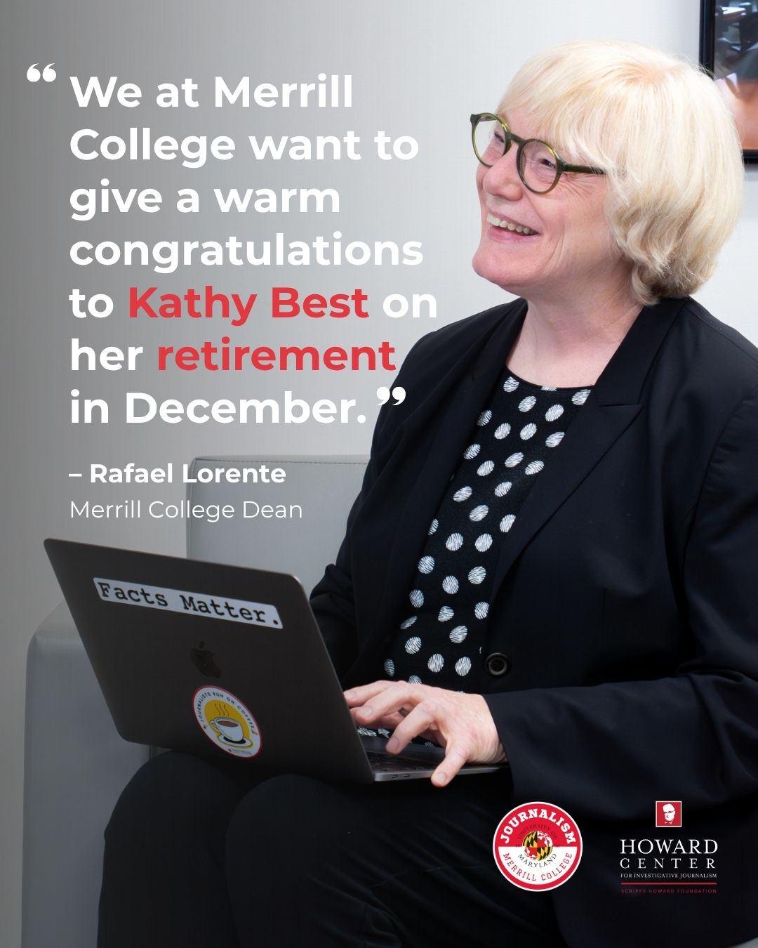 Photo of Kathy Best with the quote: "We at Merrill College want to give a warm congratulations to Kathy Best on her retirement in December."