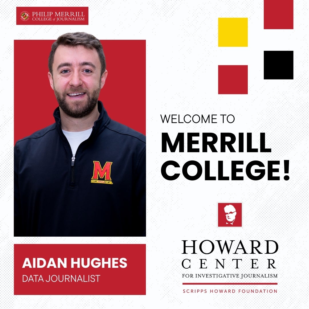 Graphic with photo of man journalist with text: Welcome to Merrill College, Aidan Hughes!