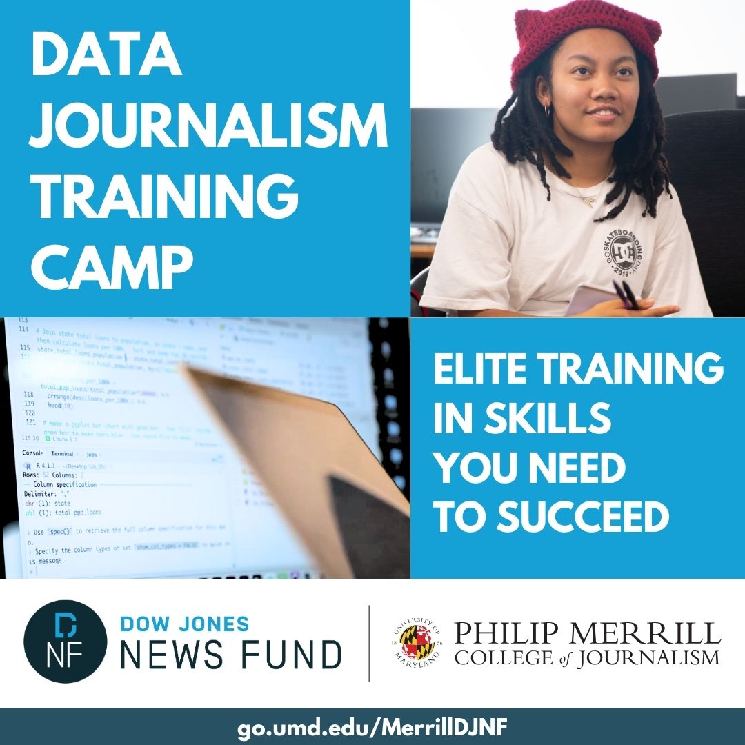 Merrill College DJNF Data Journalism Training Camp graphic (Elite Training in the Skills You Need to Succeed)