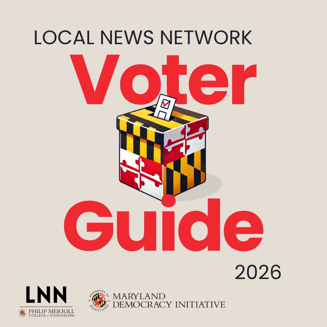 Square promotional graphic for the Local News Network Voter Guide 2026. At the top, dark text reads “LOCAL NEWS NETWORK.” Centered below, the word “Voter” appears in very large red letters above a ballot box decorated with the Maryland state flag pattern; a ballot with a red checkmark is being inserted into the box. Beneath the box, the word “Guide” appears in very large red letters, with “2026” in dark text to the right. Along the bottom are the LNN logo, the Philip Merrill College of Journalism logo, and the Maryland Democracy Initiative logo. Background is light gray.