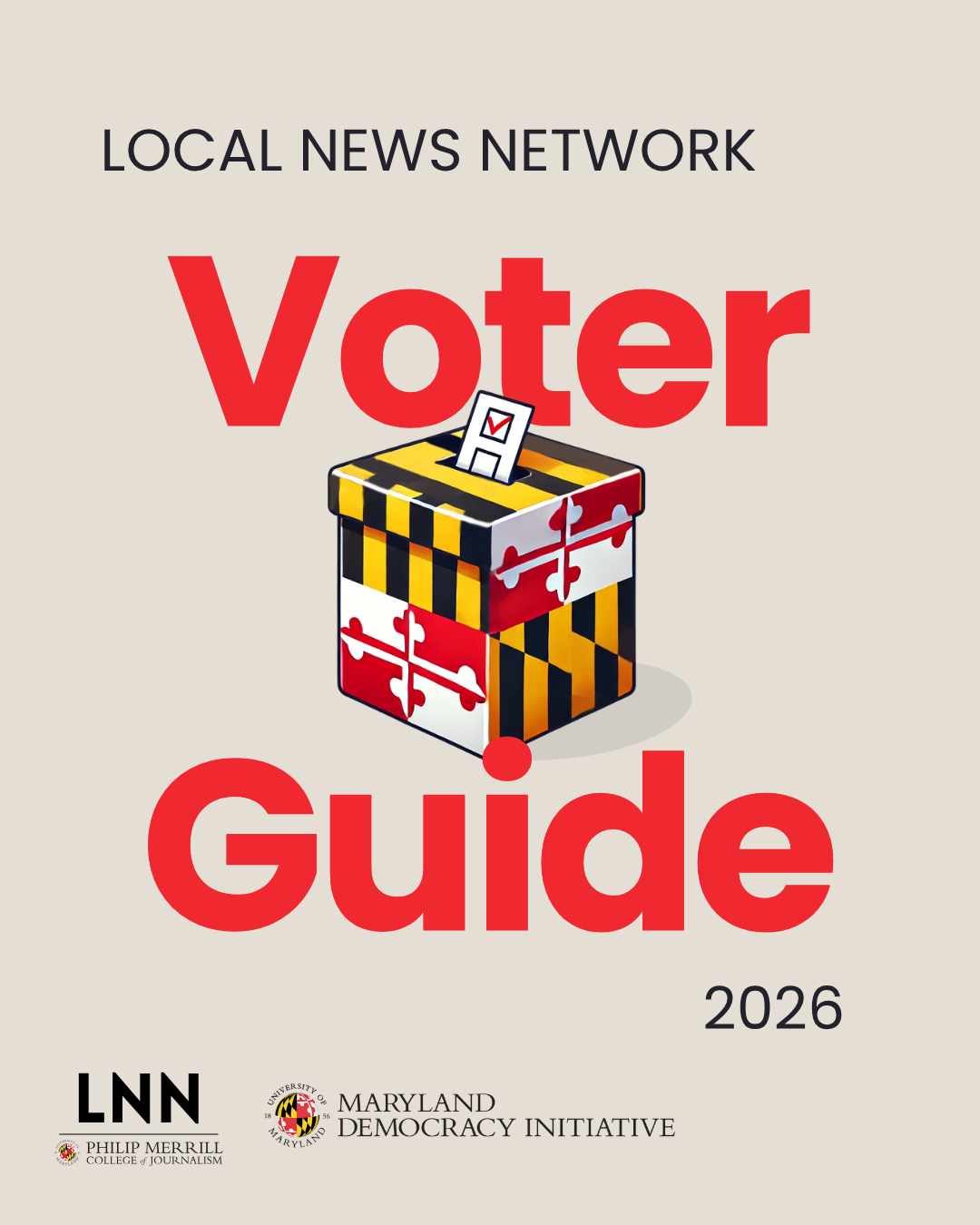 Promotional graphic for the Local News Network Voter Guide 2026. At the top, dark text reads “LOCAL NEWS NETWORK.” Centered below, the word “Voter” appears in very large red letters above a ballot box decorated with the Maryland state flag pattern; a ballot with a red checkmark is being inserted into the box. Beneath the box, the word “Guide” appears in very large red letters, with “2026” in dark text to the right. Along the bottom are the LNN logo, the Philip Merrill College of Journalism logo, and the Maryland Democracy Initiative logo. Background is light gray.