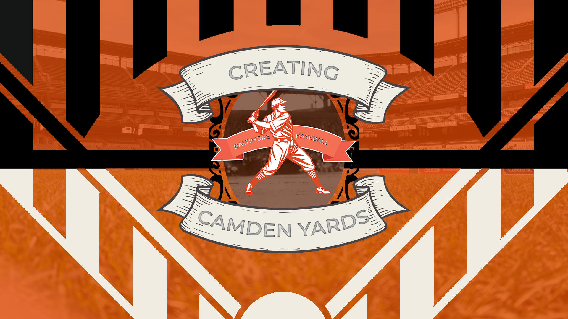 Creating Camden Yards logo: Retro baseball player graphic over Camden Yards photo