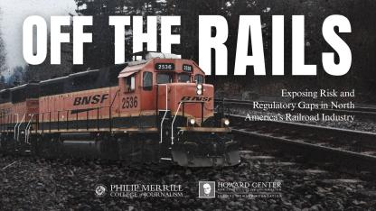 BNSF freight locomotive 2536 on snowy tracks under a large headline "OFF THE RAILS" and the subtitle "Exposing Risk and Regulatory Gaps in North America's Railroad Industry," presented as an investigative report cover.