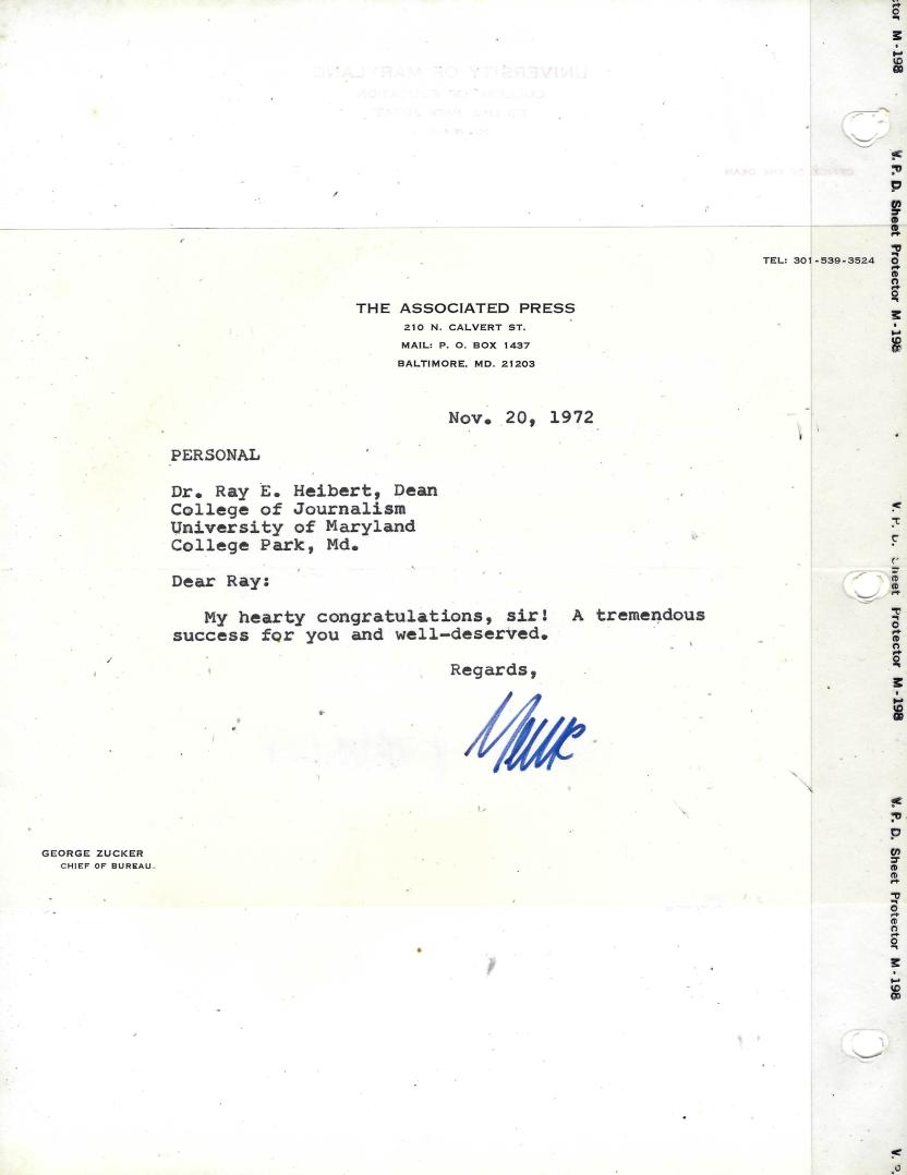 AP letter to Ray Hiebert in 1972