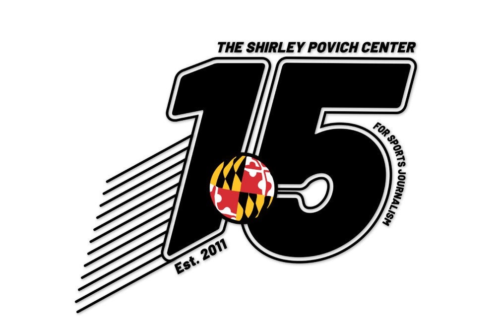 Povich 15th Anniversary logo with large black number 15 and smaller Maryland flag patterned ball between digits.