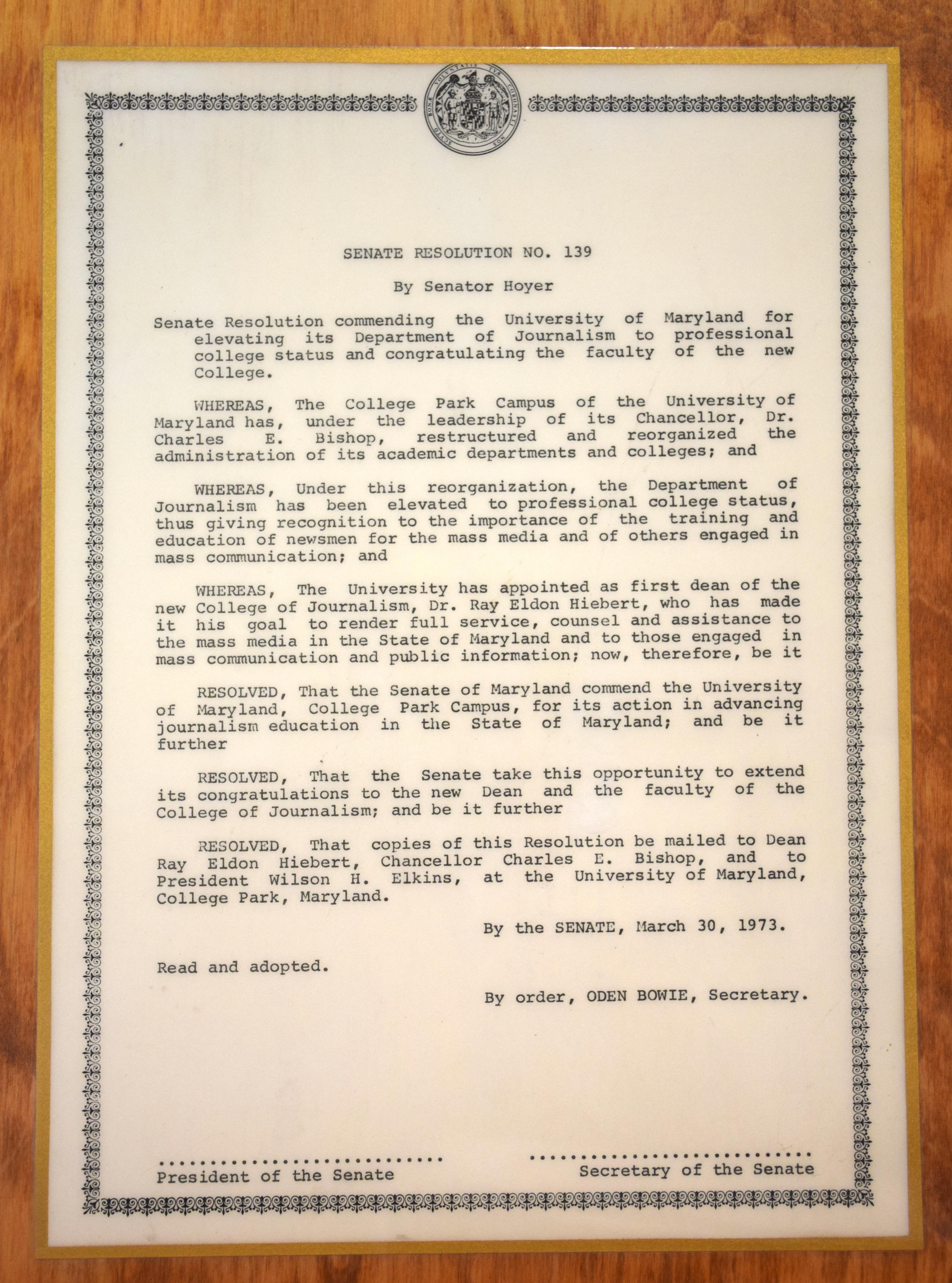 Maryland State Senate Resolution in 1973 marking the establishment of the UMD College of Journalism.