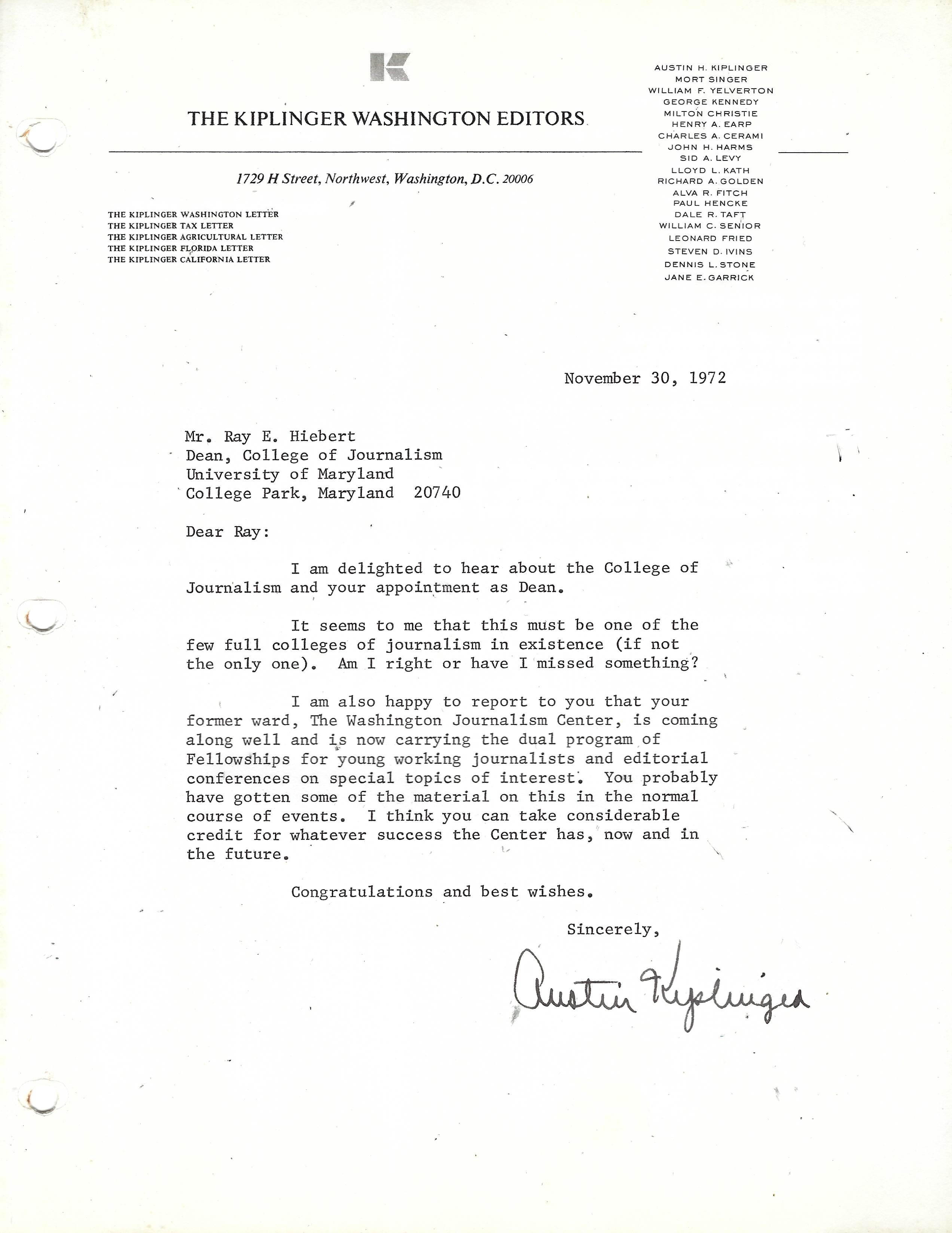 Kiplinger letter to Ray Hiebert