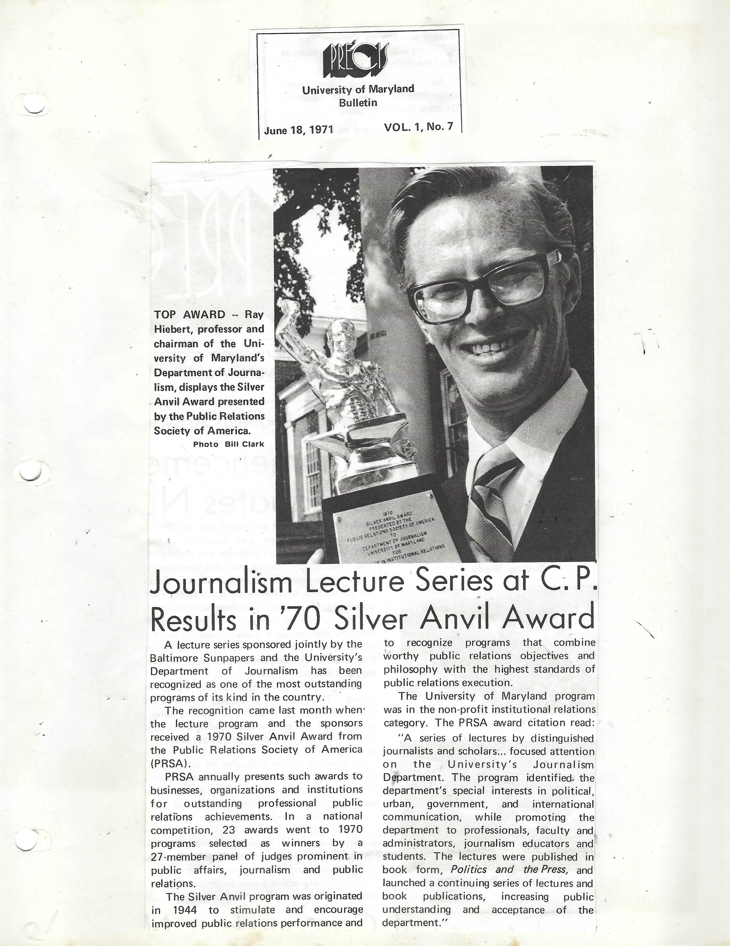 Ray Hiebert wins Silver Anvil Award in 1970