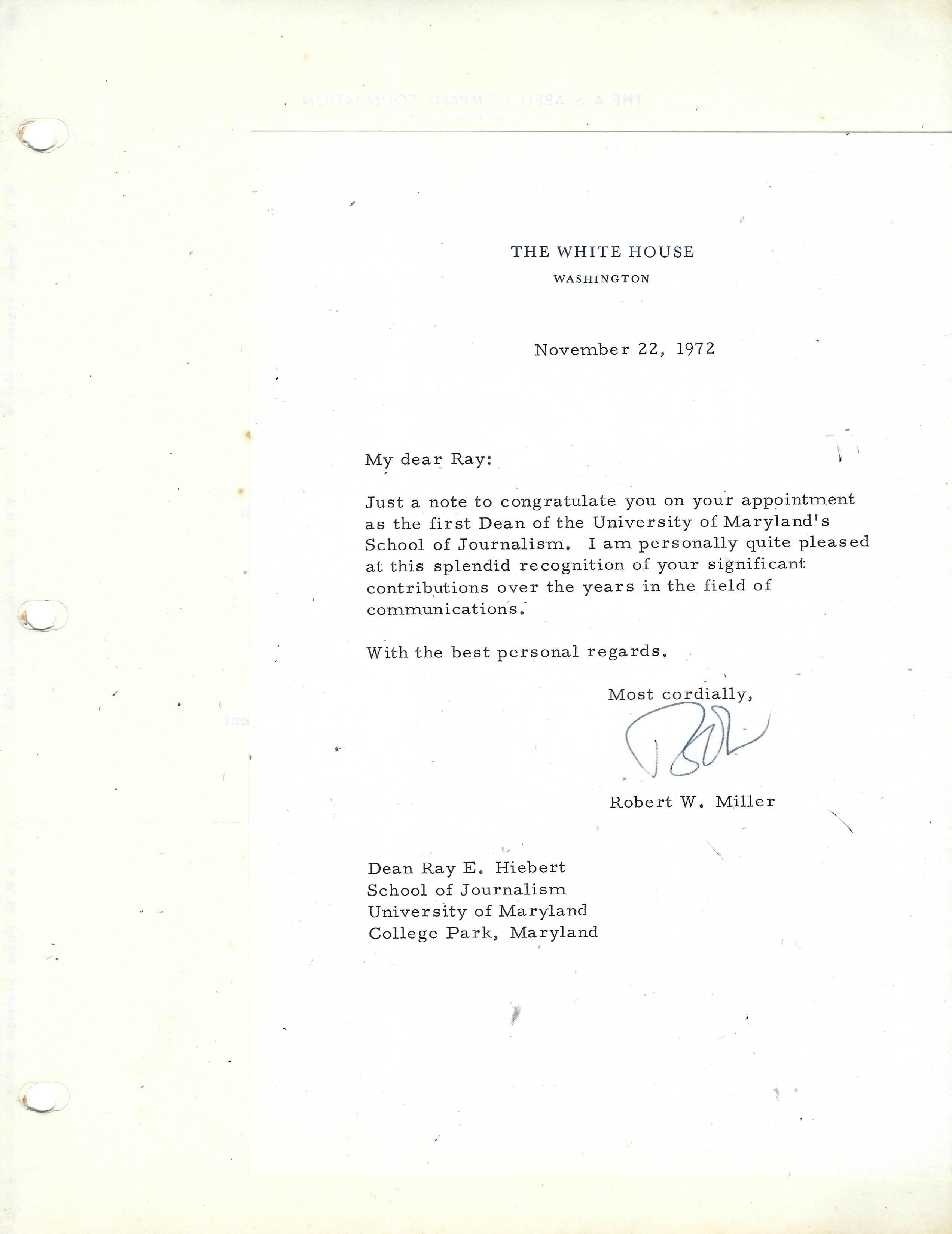 Letter from White House to Ray Hiebert