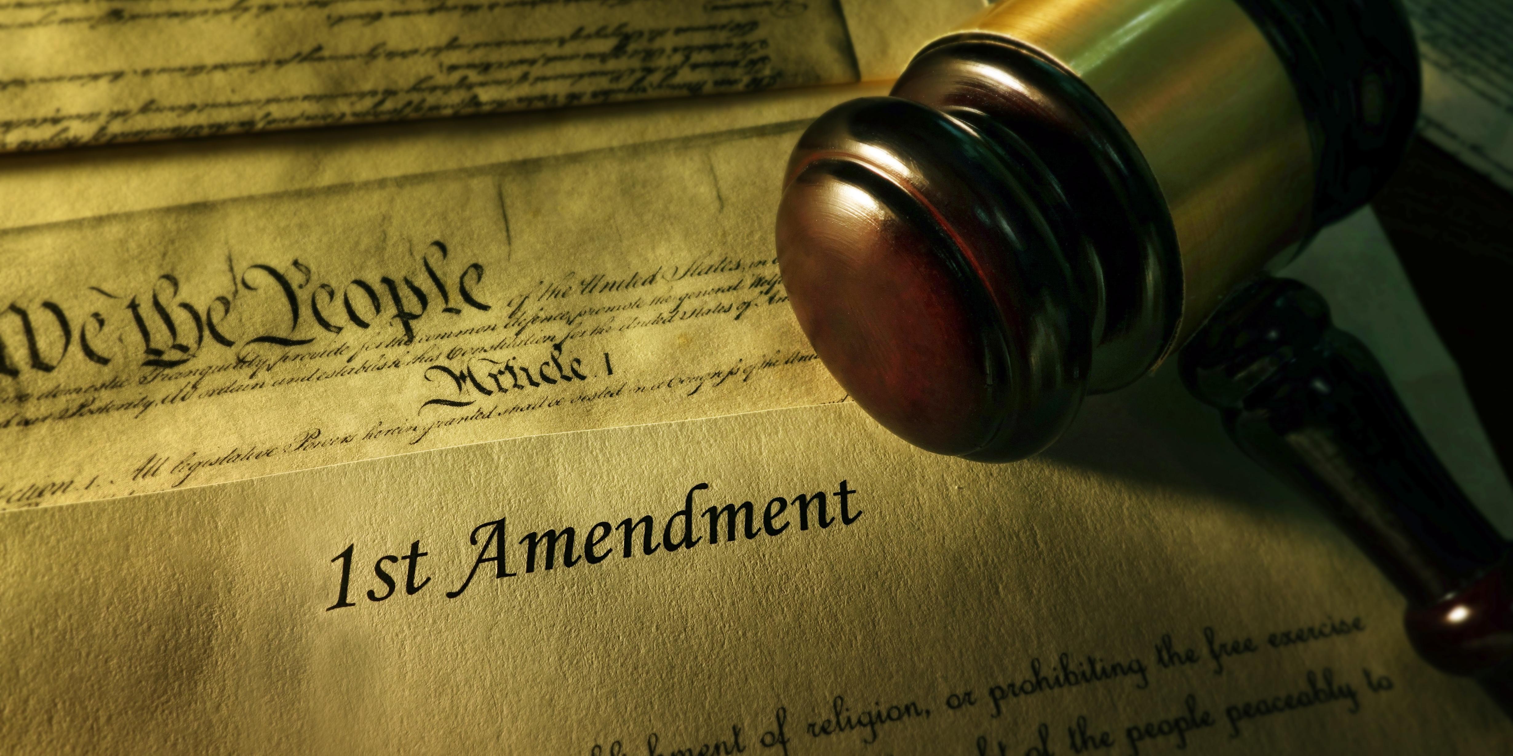 Stock art of gavel on the U.S. constitution and First Amendment