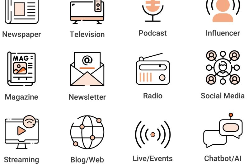 Graphic showing 12 media and communication channels arranged in a grid: Newspaper, Television, Podcast, Influencer, Magazine, Newsletter, Radio, Social Media, Streaming, Blog/Web, Live/Events, and Chatbot/AI, each represented by a simple peach-and-orange icon.